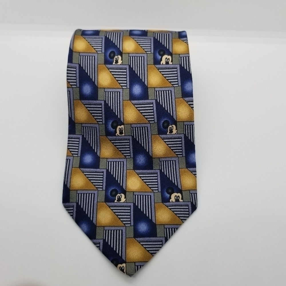 Walt Disney World blue tan gray Mickey Mouse geometric silk tie
